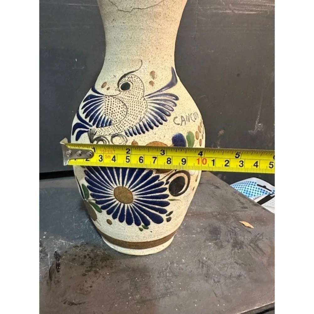 Vintage Mexican Folk Art Pottery Vase Bird Floral‎ Cancun Signed Stoneware 10.5